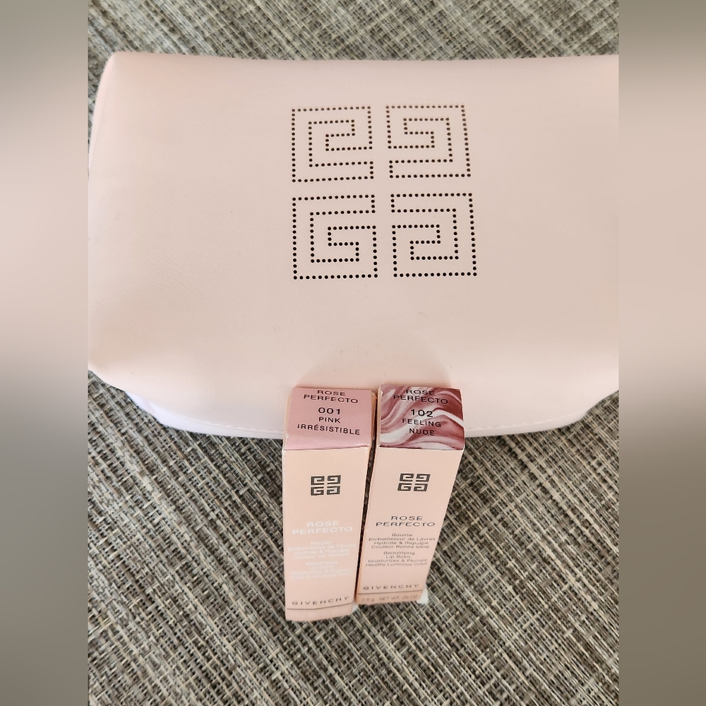 2 Givenchy Rose Perfecto Lip Balms & Makeup Bag Full Sz NIB